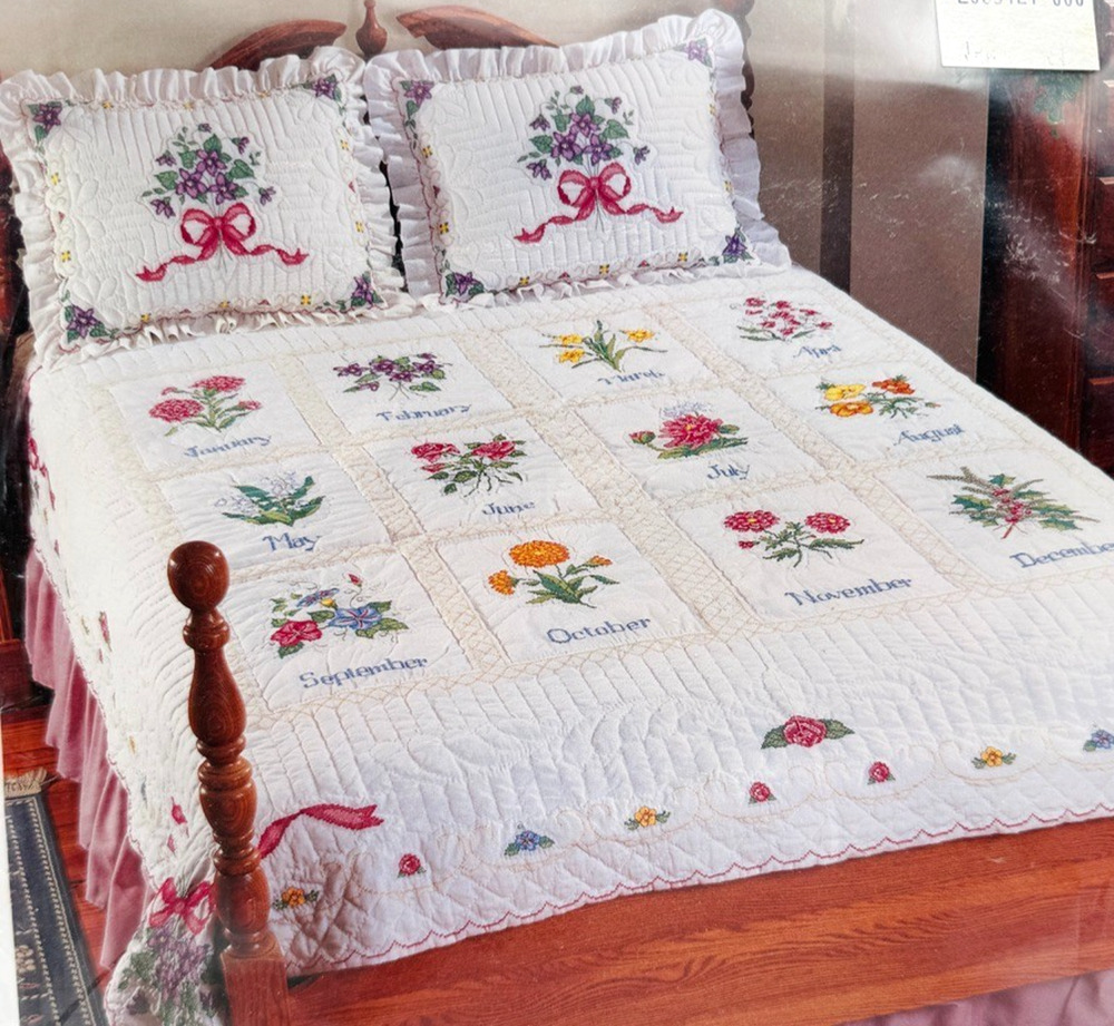Bucilla Flowers of the Month Quilt Stamped Cross Stitch 41558 NIP 90 x 90 Sealed